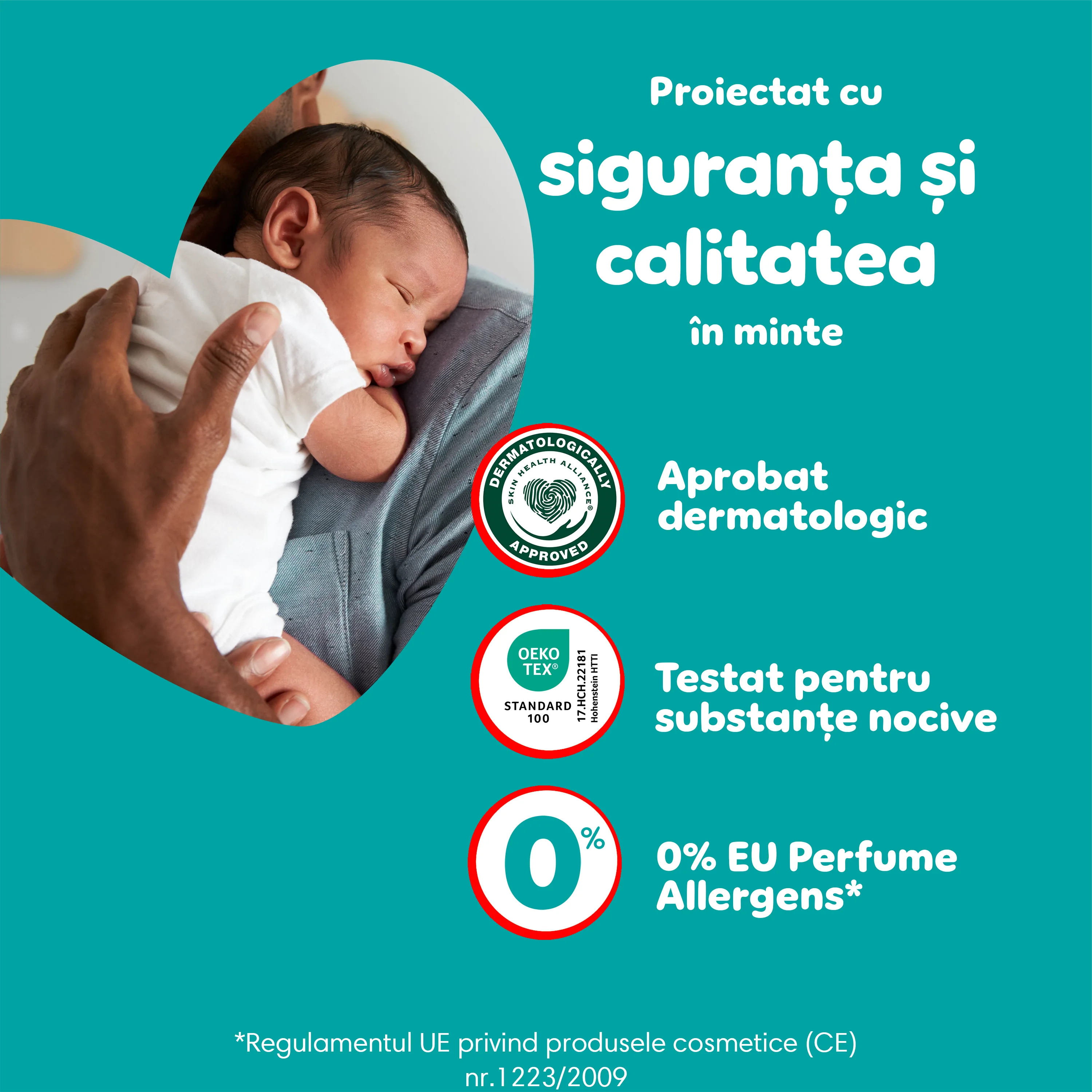 BebeluČ dormind Ć®n braČele unui adult, imaginea evidenČiind siguranČa Či calitatea produselor Pampers, cu certificÄri dermatologice Či teste pentru substanČe nocive. BebeluČ dormind Ć®n braČele unui adult, imaginea evidenČiind siguranČa Či calitatea produselor Pampers, cu certificÄri dermatologice Či teste pentru substanČe nocive.