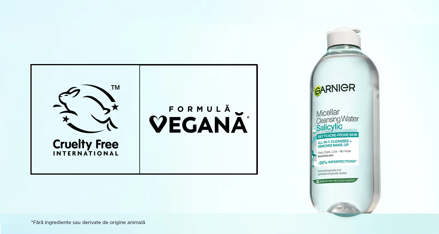 Apa micelara Garnier cu formula vegana si certificare cruelty free pentru curatarea tenului cu imperfectiuni. Apa micelara Garnier cu formula vegana si certificare cruelty free pentru curatarea tenului cu imperfectiuni.