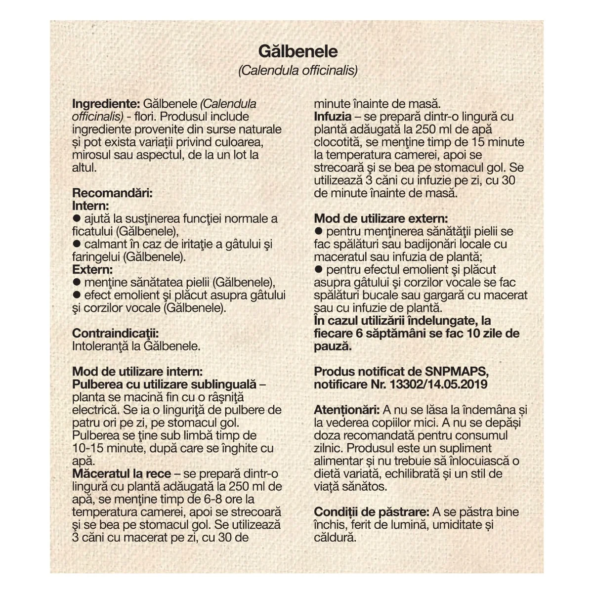 Ceai de galbenele, 50g, Dacia Plant 