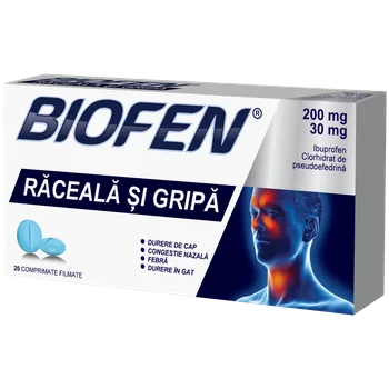 Biofen raceala si gripa 200 mg/30 mg, 20 comprimate filmate, Biofarm