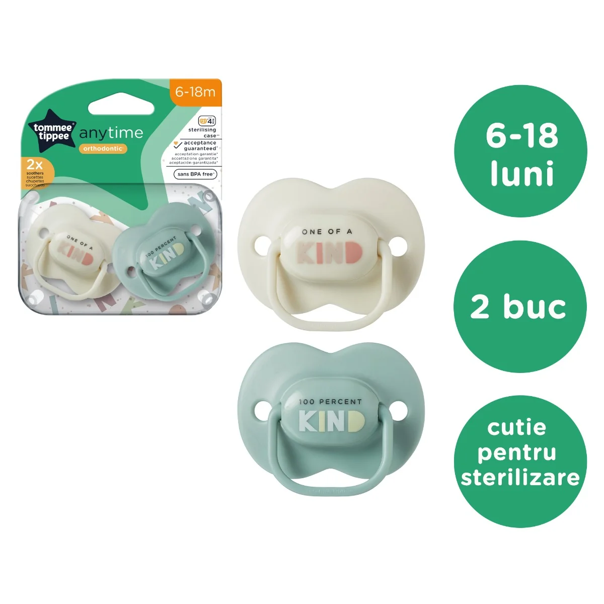 Suzeta Anytime cu design ortodontic simetric pentru 6-18 luni, 2 bucati, Tommee Tippee