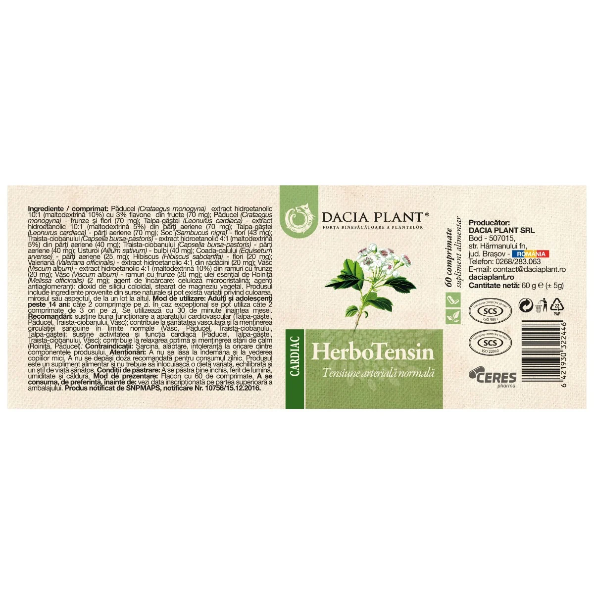 HerboTensin, 60 comprimate, Dacia Plant
