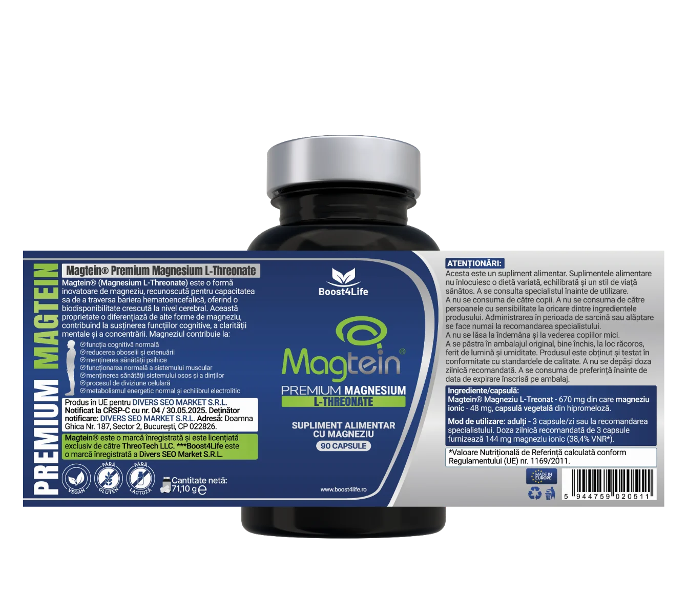 Magtein Magneziu L-Treonat Premium 670 mg, 90 capsule vegane, Boost4Life