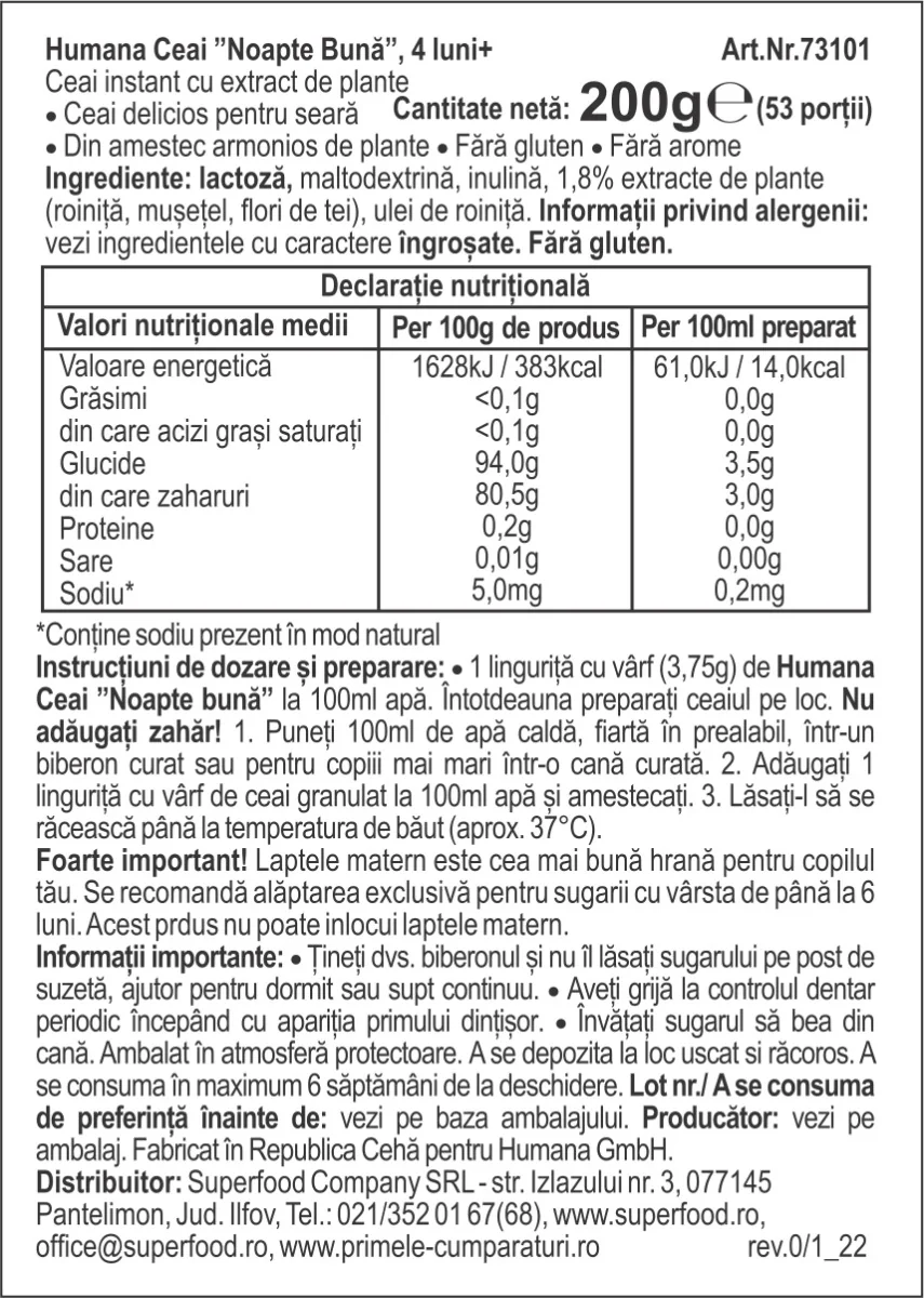Ceai Noapte Buna de la 4 luni, 200g, Humana