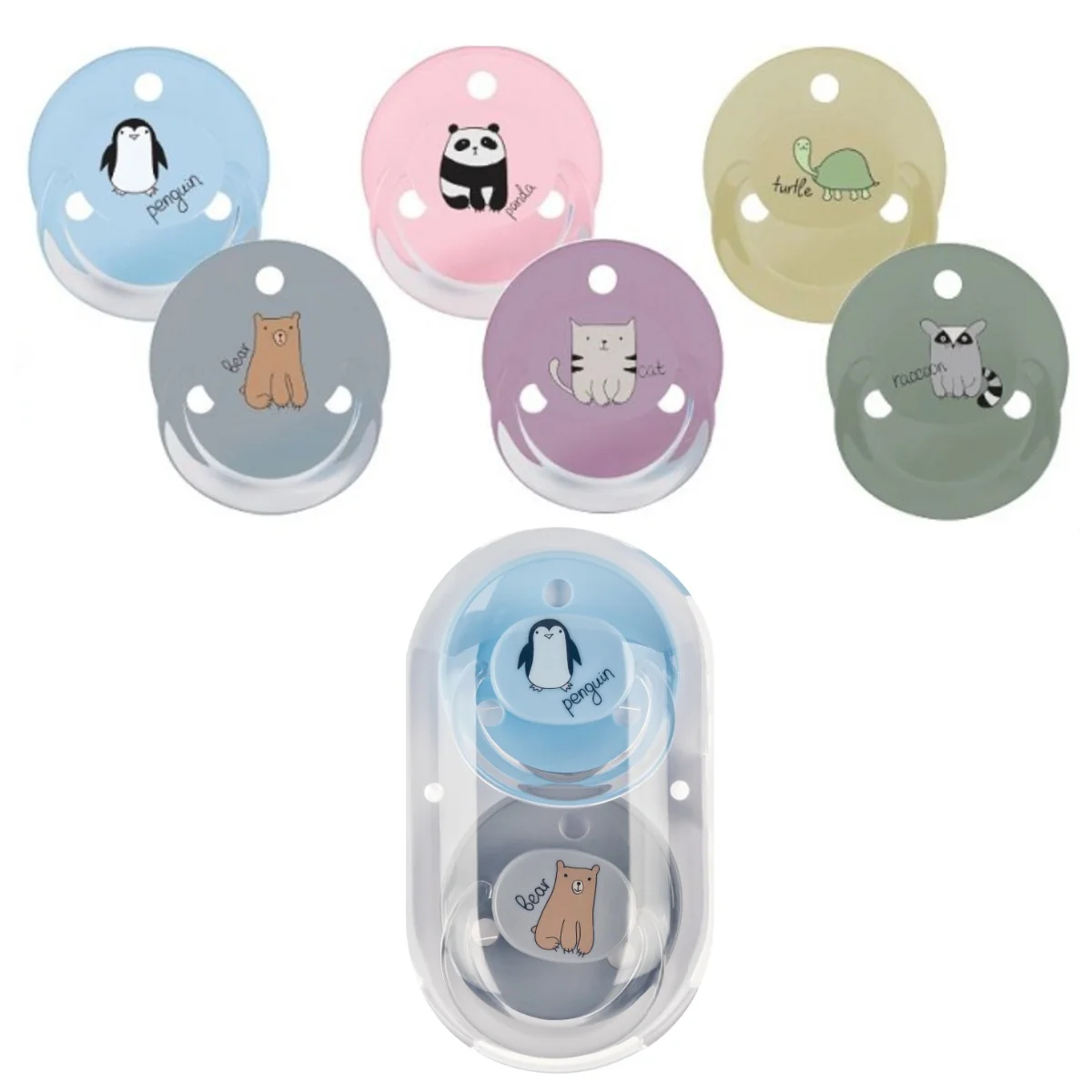 Suzete rotunde decorate multicolore cu inel + steribox 20009, 2 bucati, Baby Nova 