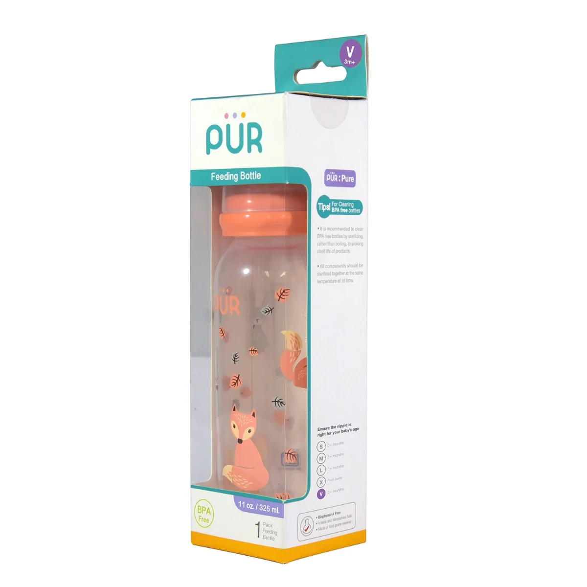 Biberon cu desen piersica +3 luni, 325ml, PUR