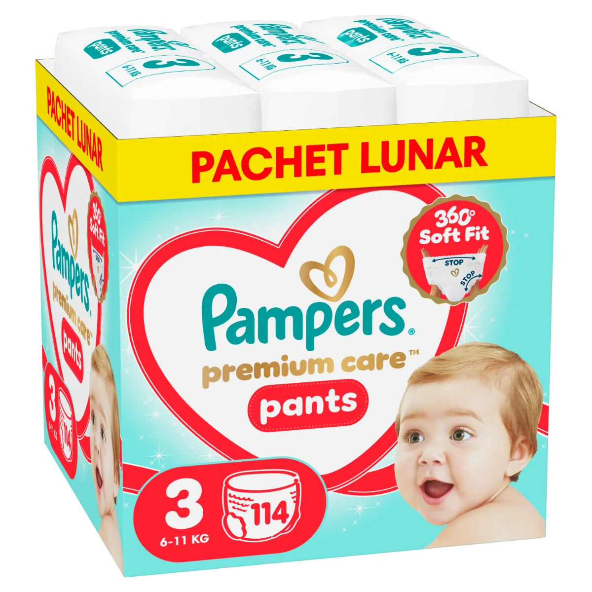 Scutece-chilotel Premium Care Pants XXL Box Marimea 3 pentru 6-11 kg, 114 bucati, Pampers 