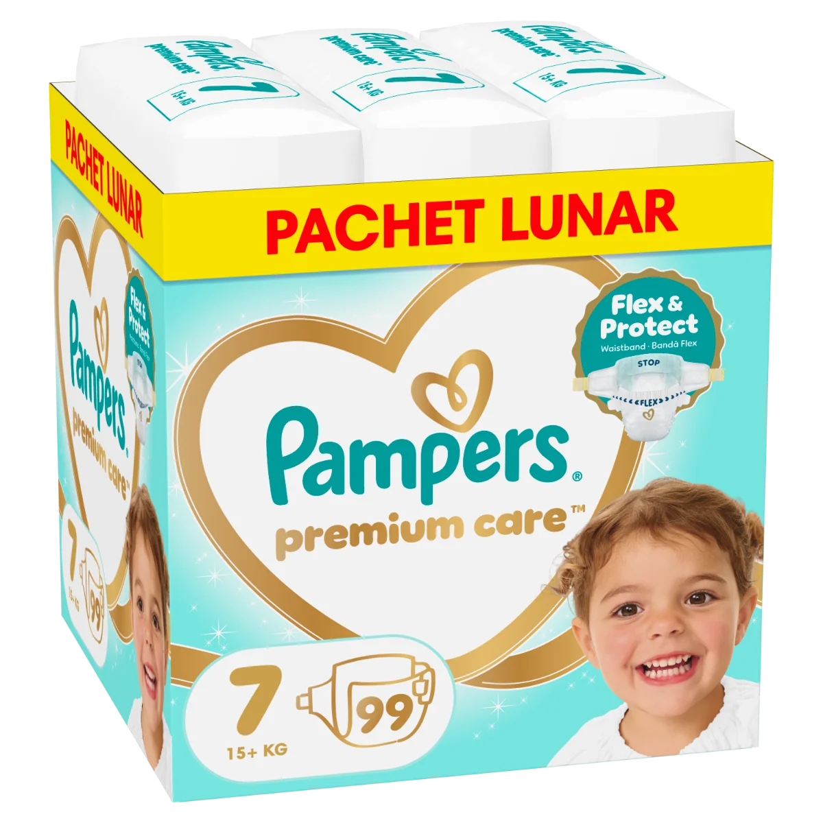 Scutece Premium Care Marimea 7 pentru 15+ kg, 99 bucati, Pampers