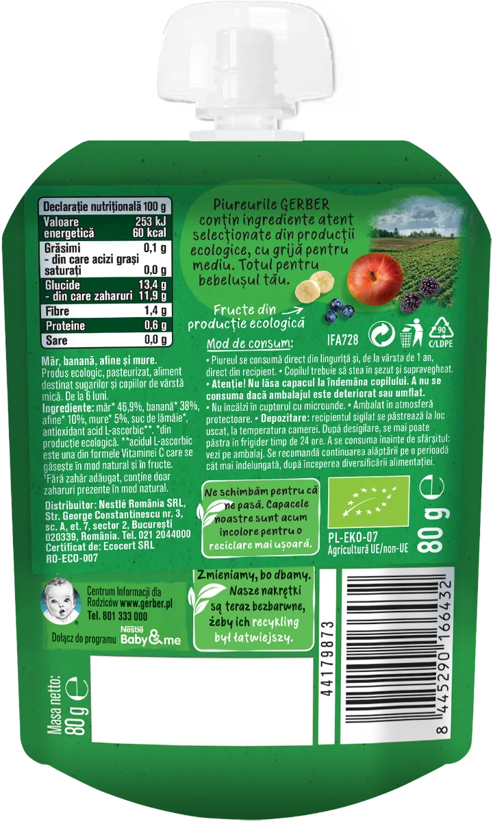 Pouch din mere & banane & afine si mure de la 6 luni, 80g, Gerber