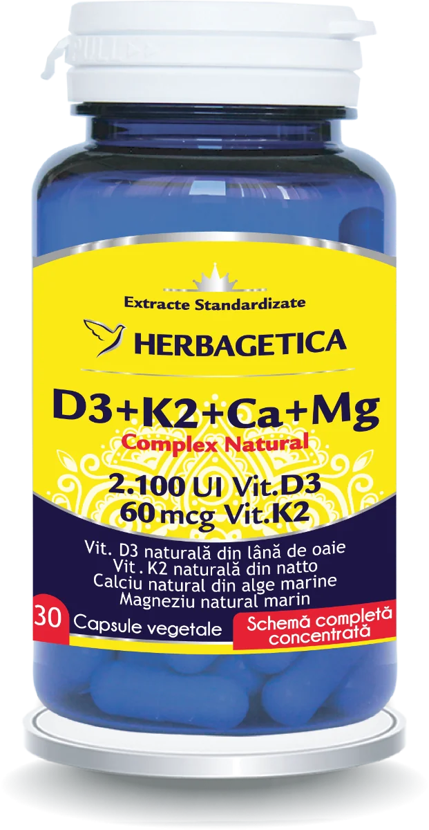 Complex Natural D3+K2+Ca, 30 capsule vegetale, Herbagetica