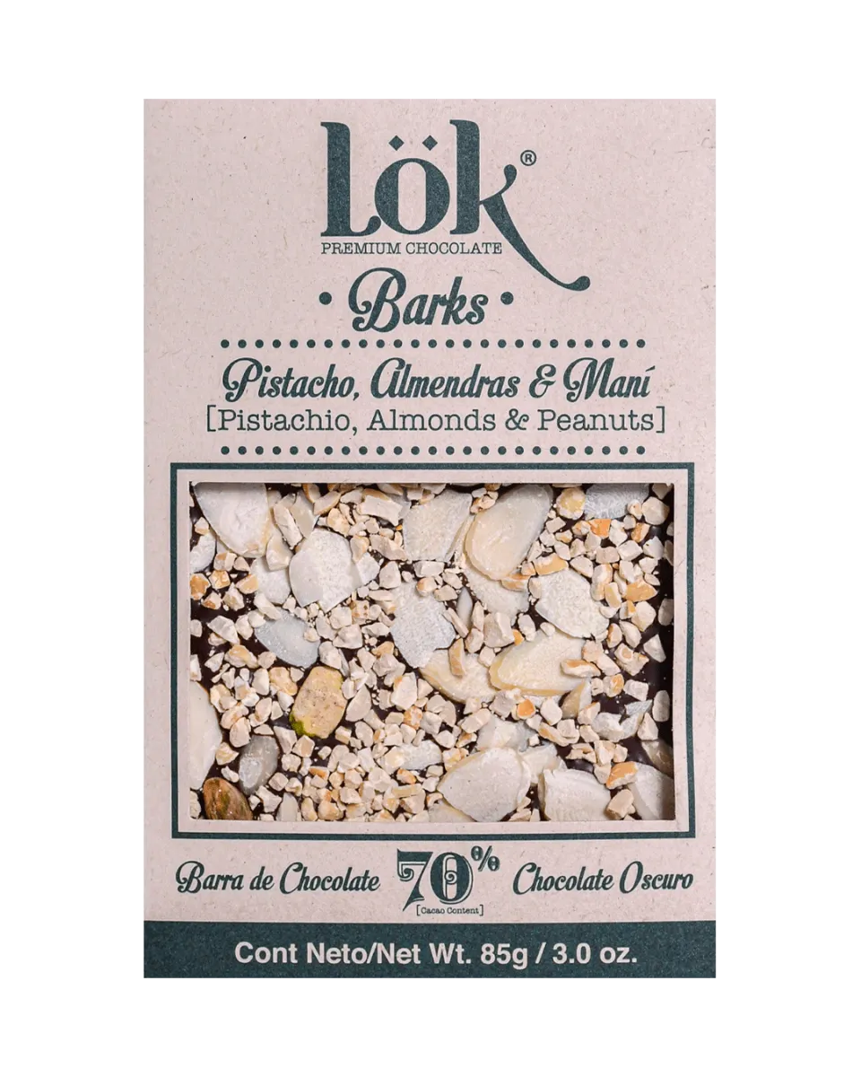 Dark Chocolate 70% cacao cu arahide, migdale si fistic, 85g, LOK