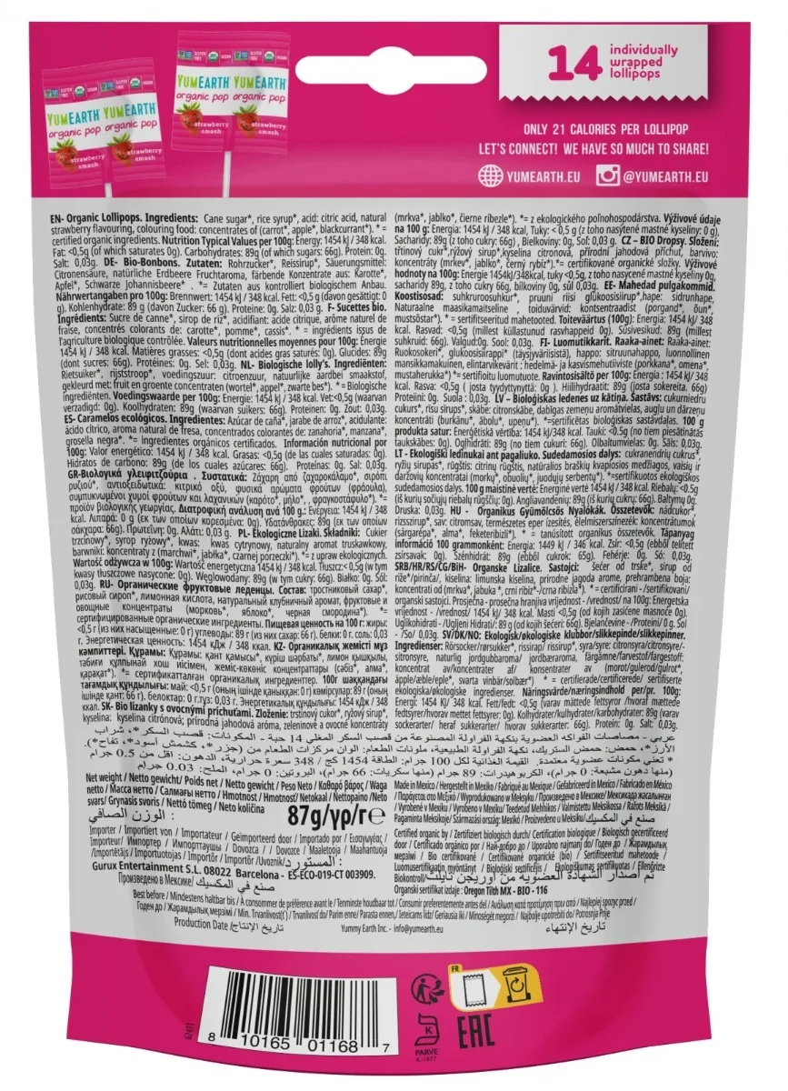 Acadele bio fara gluten cu aroma de capsuni, 14 bucati, Yumearth