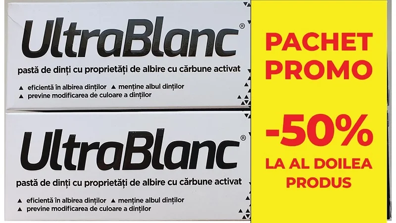 Pachet Pasta de dinti cu carbune activat Ultrablanc 1 + 50% reducere la al doilea produs, 2 x 75ml, Aflofarm