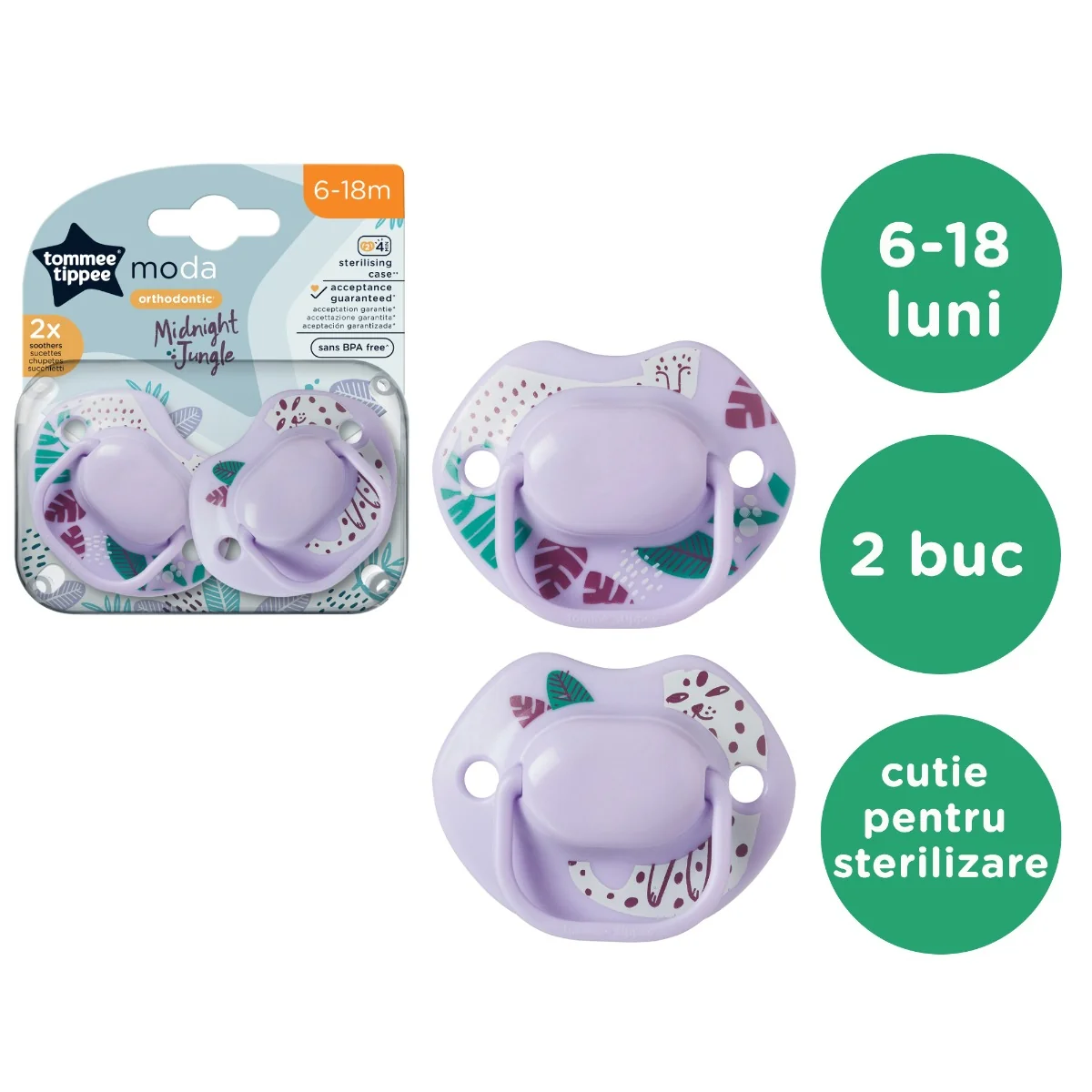 Suzeta ortodontica pentru 6-18 luni Moda Mov, 2 bucati, Tommee Tippee