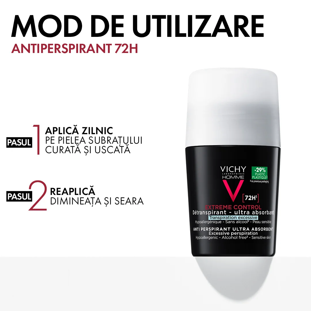 Deodorant roll-on pentru barbati control extrem 72h Homme, 50ml, Vichy