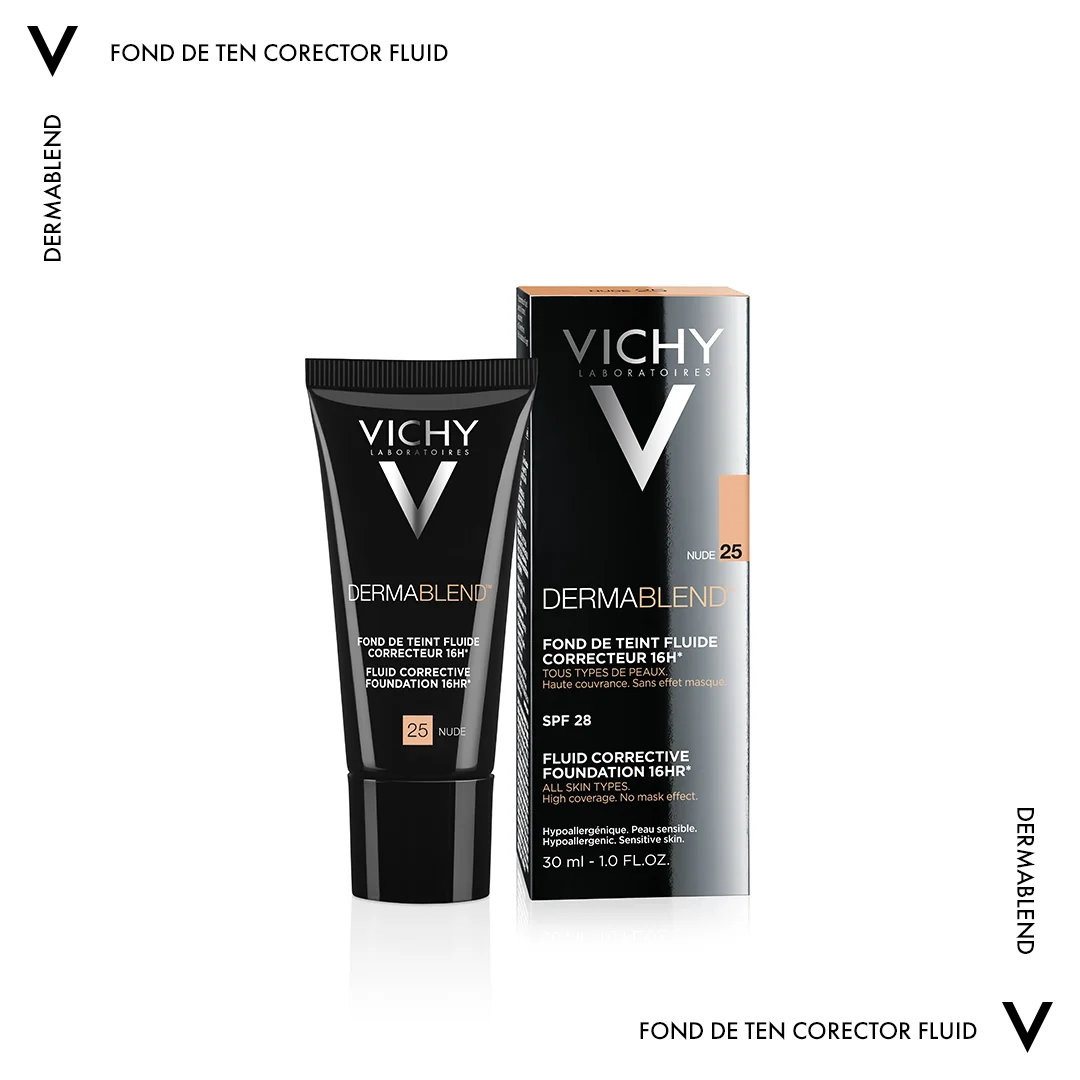 Fond de ten corector fluid rezistenta 16h SPF 28 ten normal sau uscat Dermablend 25, 30ml, Vichy
