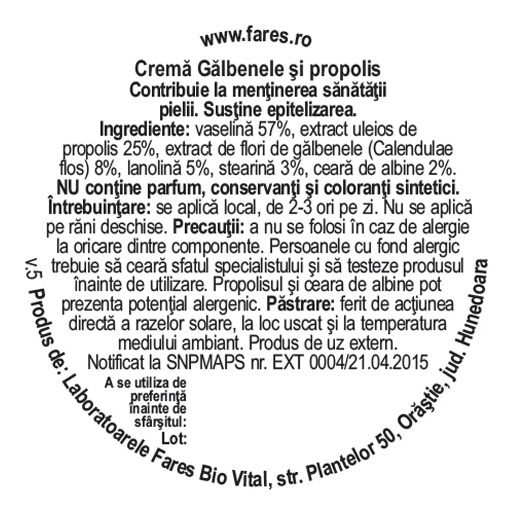 Crema de galbenele si propolis P117, 20g, Fares