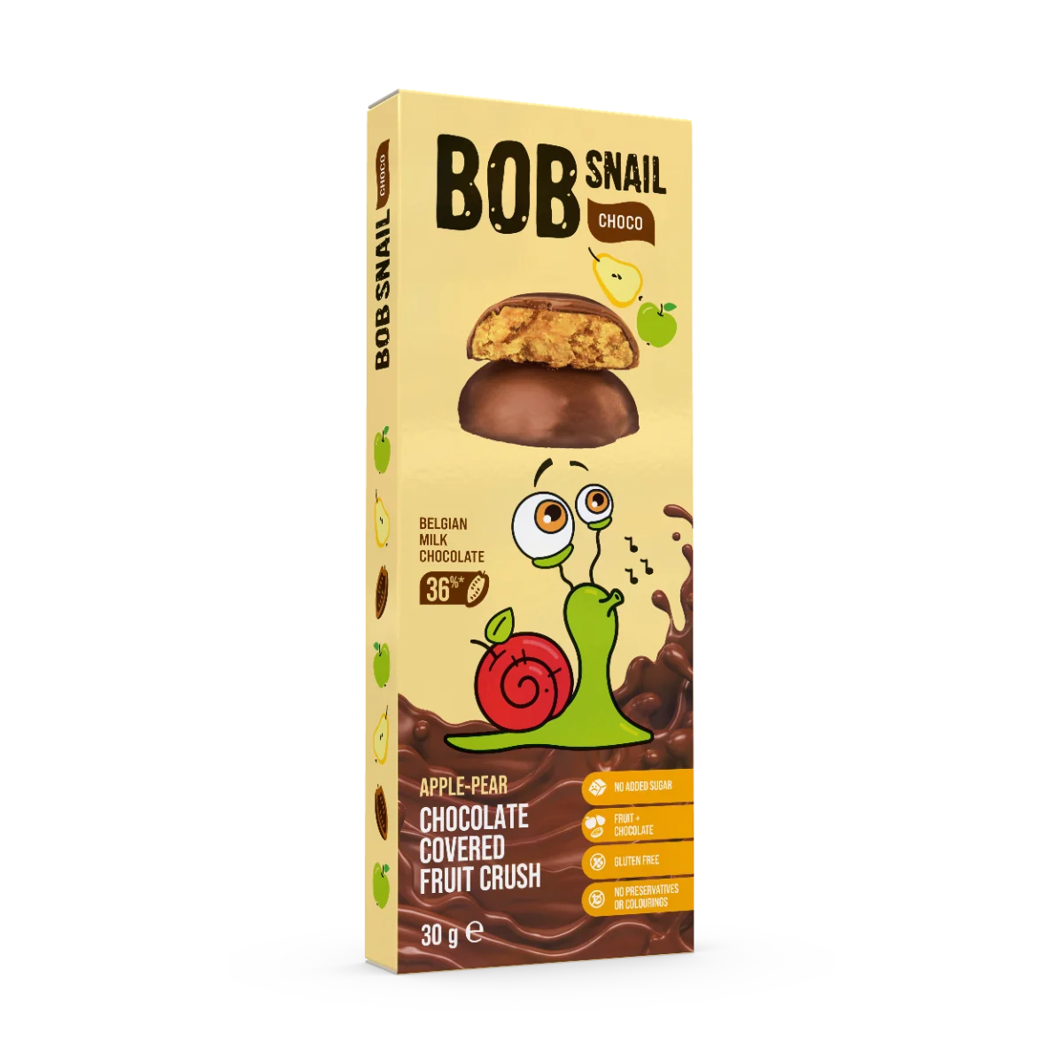 Snack fructat din mere si pere in ciocolata cu lapte, 30g, Bob Snail