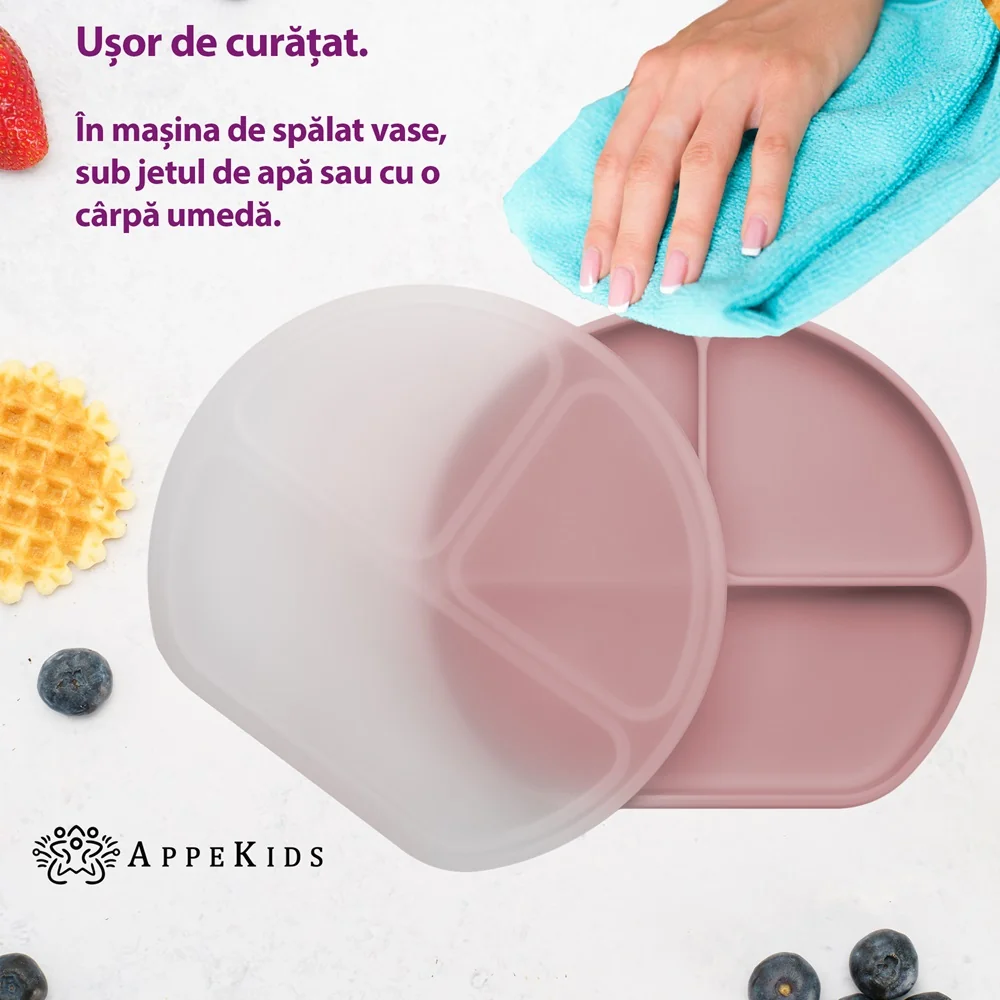 Farfurie compartimentata din silicon cu ventuza si capac Old Rose 6 luni+, 1 bucata, Appekids