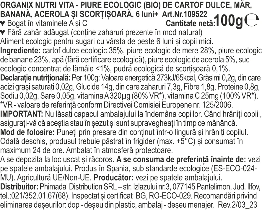 Piure eco din cartof dulce, mere, banane si cirese acerola +6 luni, 100g, Organix
