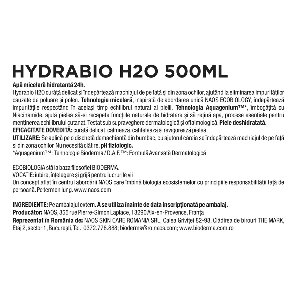 Apa micelara Hydrabio H2O, 500ml, Bioderma