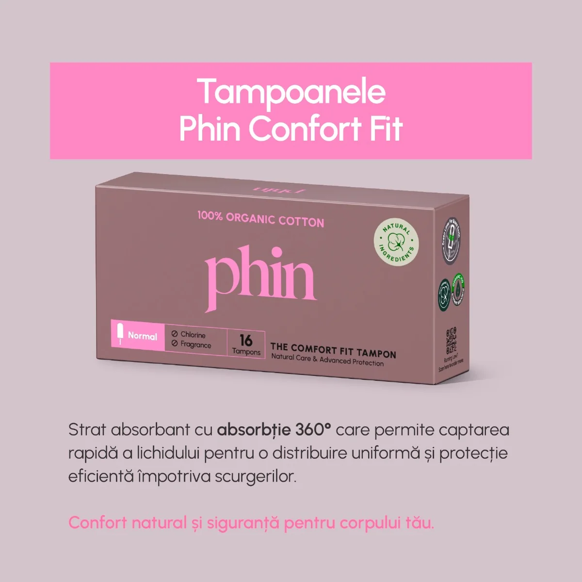 Tampoane din bumbac organic, 16 bucati, Phin