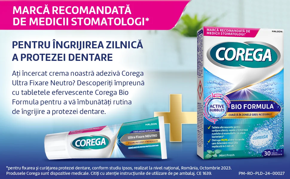 Corega Ultra Fixare Neuro + Corega Bio Formula. Pentru ingrijire zilnica, recomandat de medicii stomatologi Corega Ultra Fixare Neuro + Corega Bio Formula. Pentru ingrijire zilnica, recomandat de medicii stomatologi
