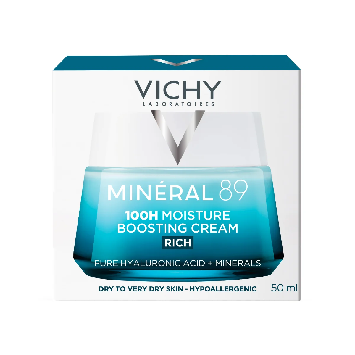 Crema intens hidratanta 100h cu acid hialuronic si niacinamida pentru ten uscat Mineral 89, 50ml, Vichy