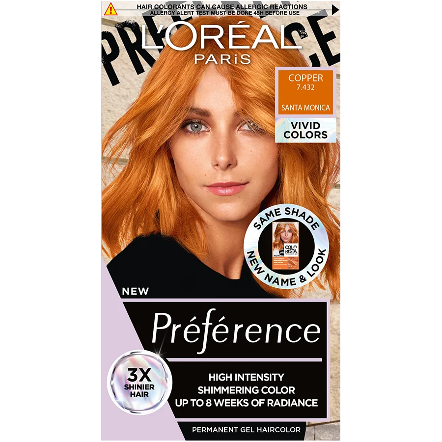 Vopsea de par permanenta cu amoniac Preference Vivid Colours 7.432 Copper, 204ml, L'Oreal Paris