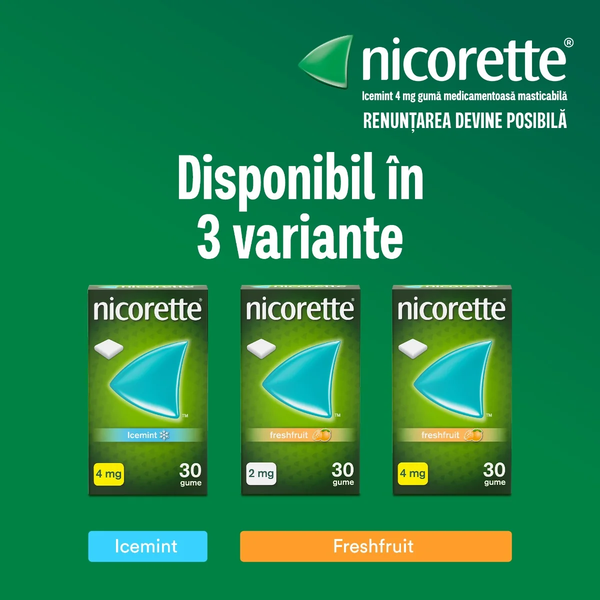 Nicorette® Icemint 4mg guma medicamentoasa masticabila, 30 bucati, Johnson&Johnson
