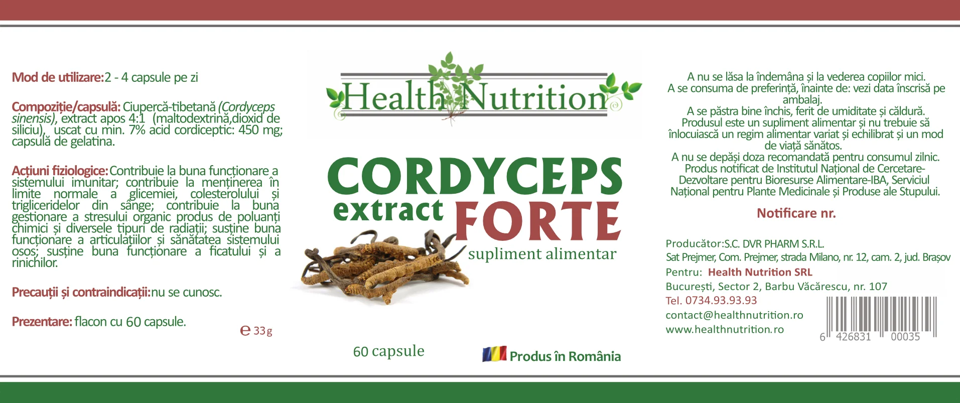 Cordyceps Extract Forte 100% natural, 60 capsule, Health Nutrition