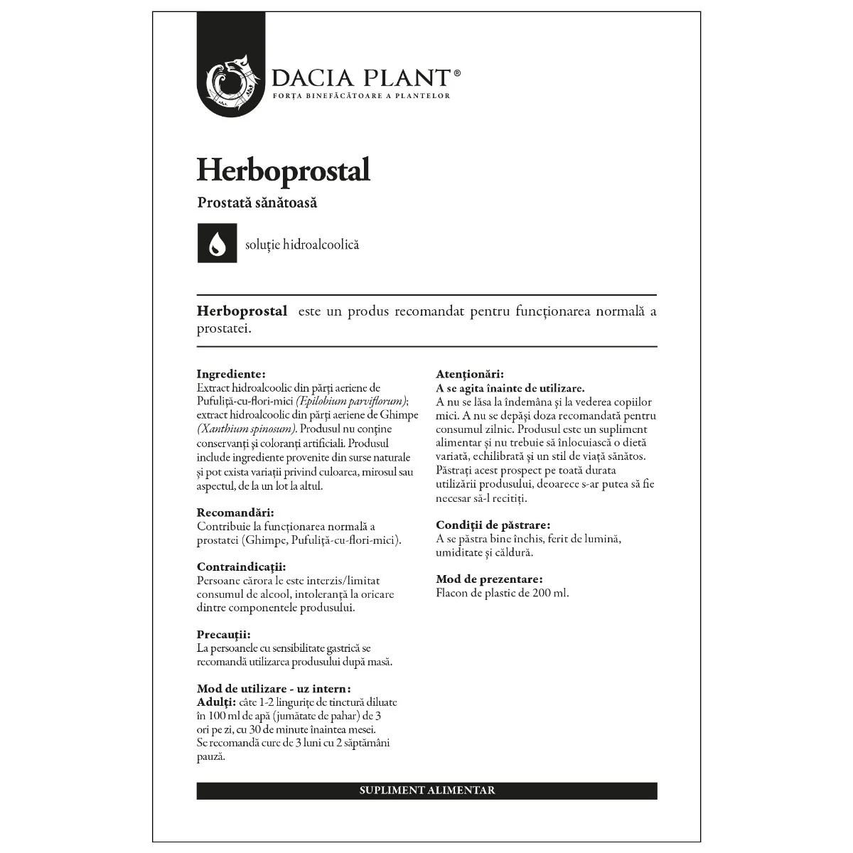 Tinctura Herboprostal, 200ml, Dacia Plant 