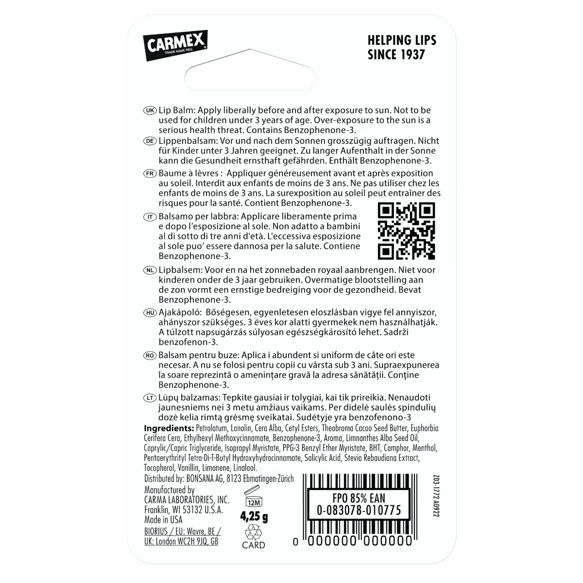 Balsam reparator pentru buze uscate si crapate cu aroma de rodie SPF15, 4.25g, Carmex