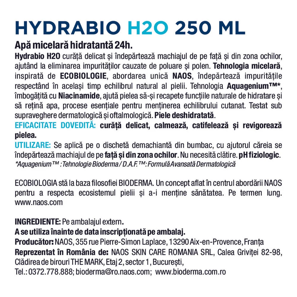 Apa micelara hidratanta Hydrabio H2O, 250ml, Bioderma