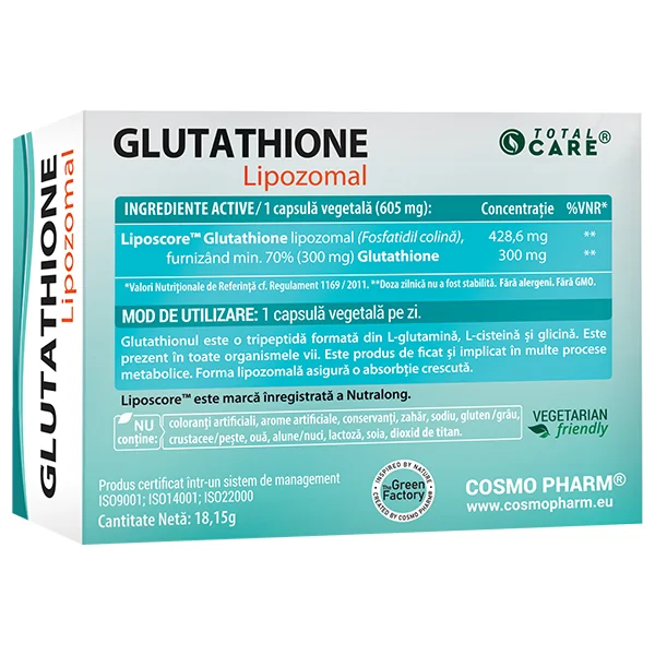 Glutathione Lipozomal 300mg, 30 capsule vegetale, Cosmopharm