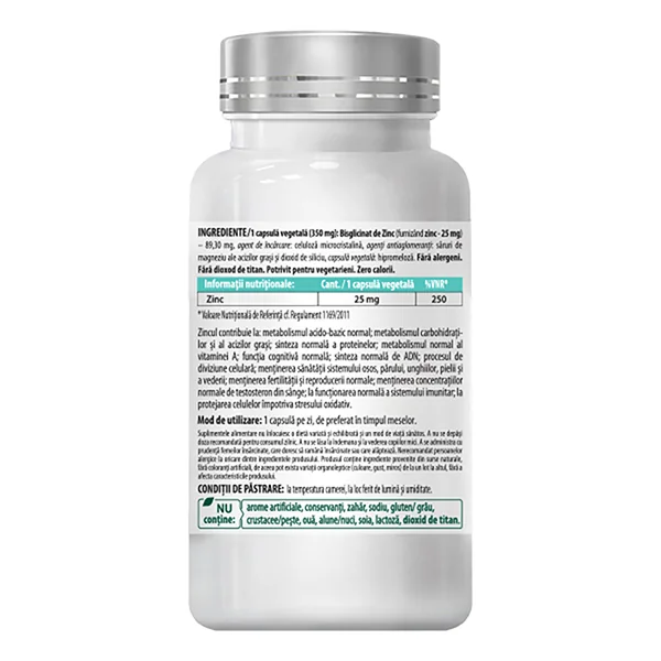 Zinc Chelat Bisglicinat 25mg, 60 capsule vegetale, Cosmopharm