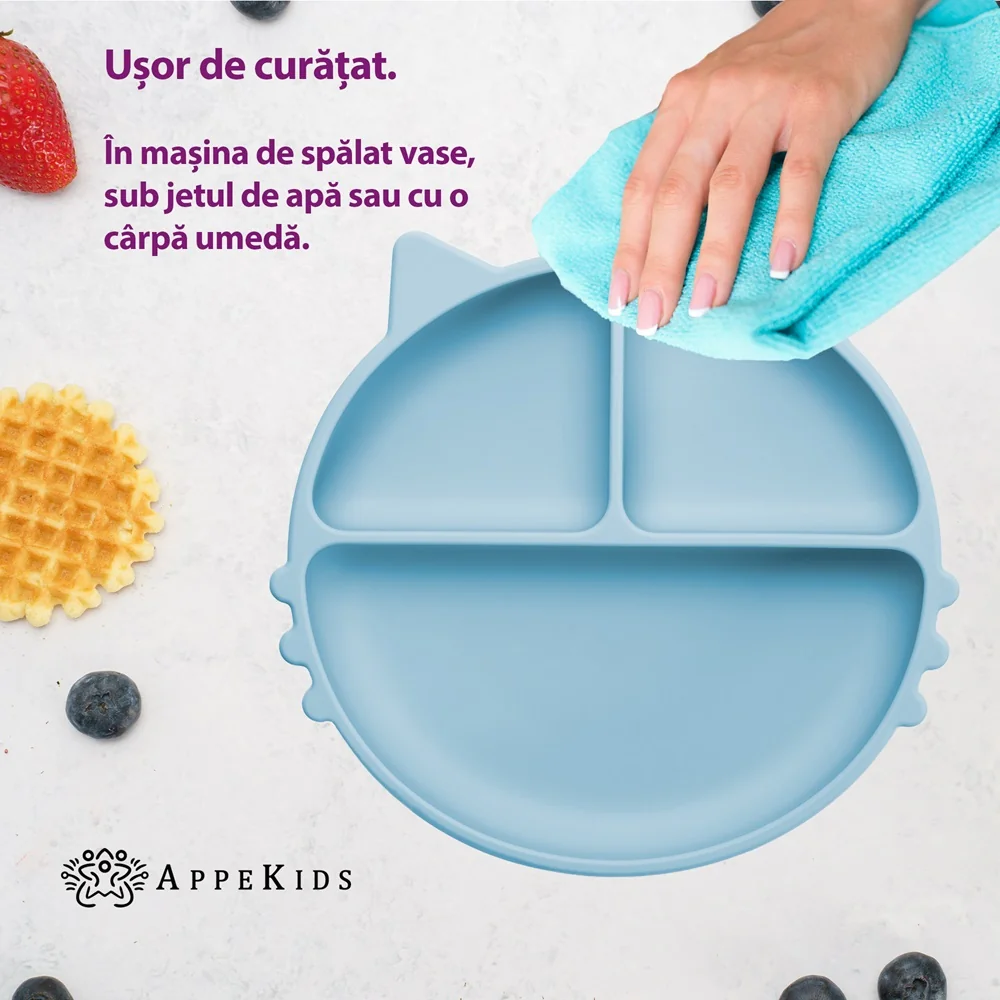 Farfurie compartimentata din silicon cu ventuza Kitty Aqua Blue 6 luni+, 1 bucata, Appekids