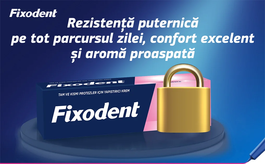 Cutie Fixodent cu un lacat pe fundal albastru. Cutie Fixodent cu un lacat pe fundal albastru.