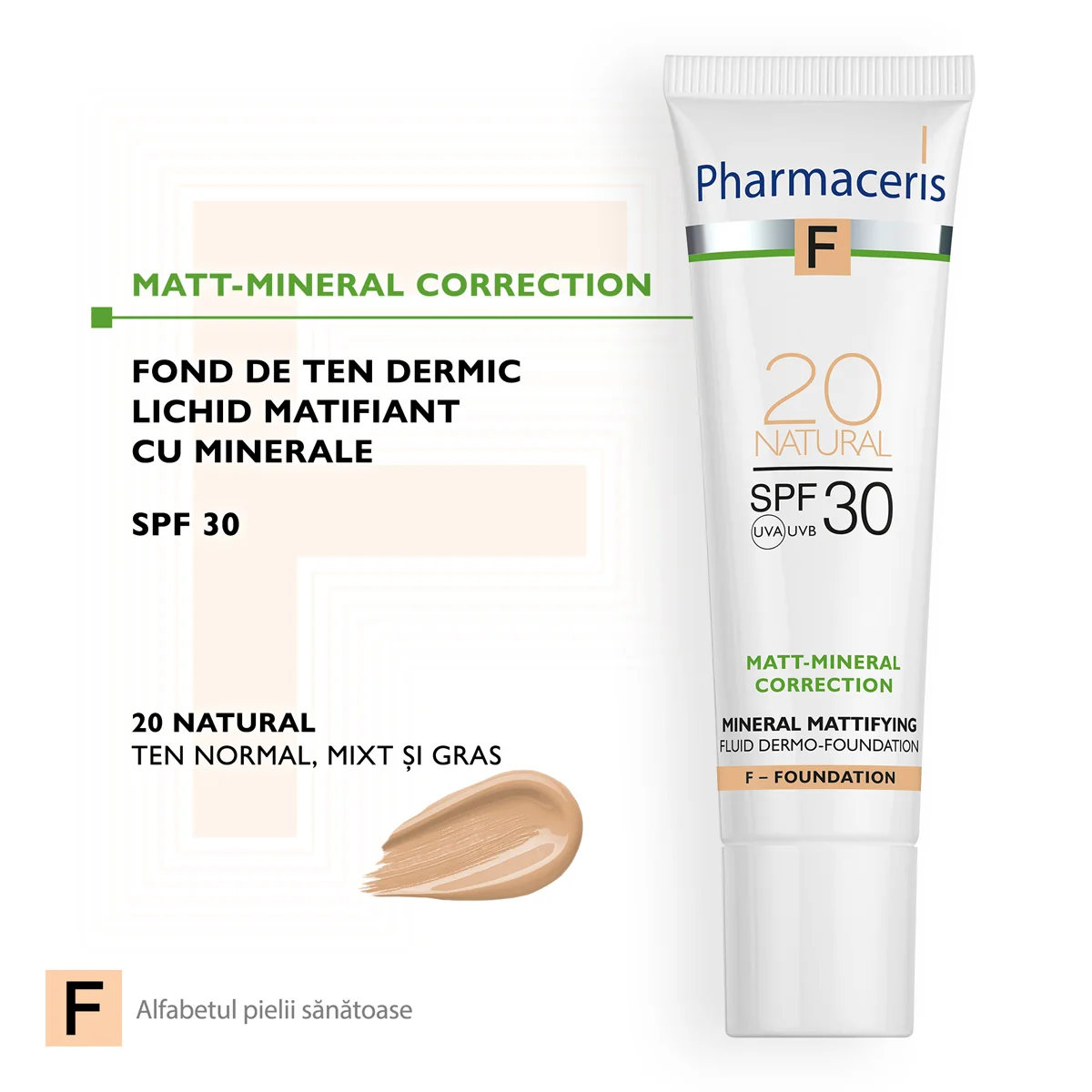Fond de ten fluid matifiant mineral SPF30 20 Natural F, 30ml, Pharmaceris