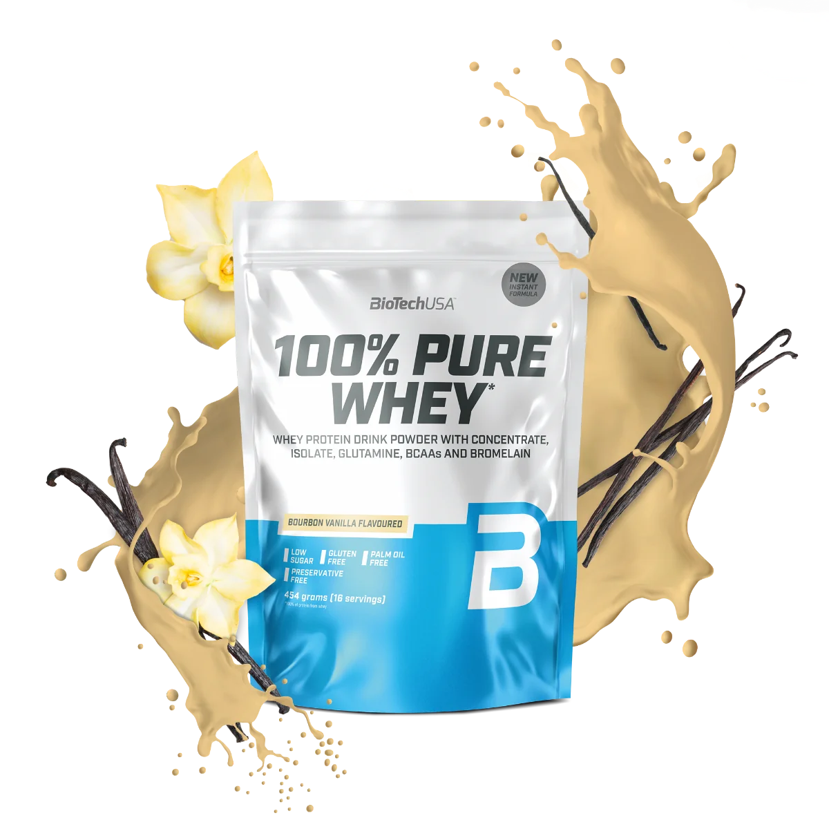 Pudra proteica 100% Pure Whey cu aroma de Vanilie Bourbon, 454g, BioTechUSA