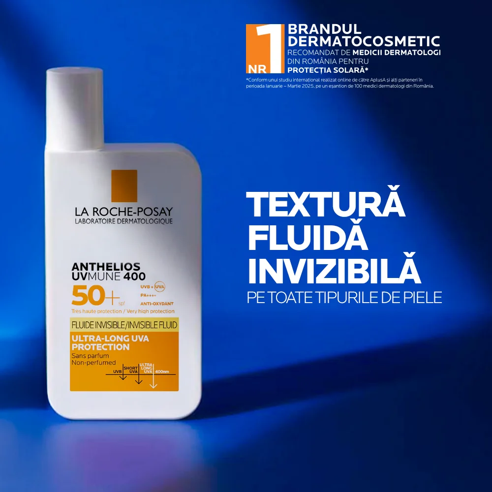 Fluid invizibil cu protectie solara SPF 50+ textura ultra-fluida pentru ten sensibil fara parfum Anthelios UV-Mune 400, 50ml, La Roche-Posay