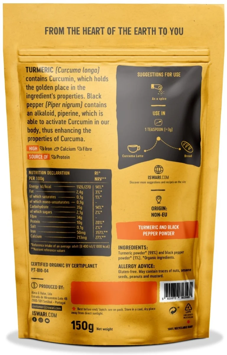 Pulbere functionala bio din turmetic si piper negru, 150g, Iswari