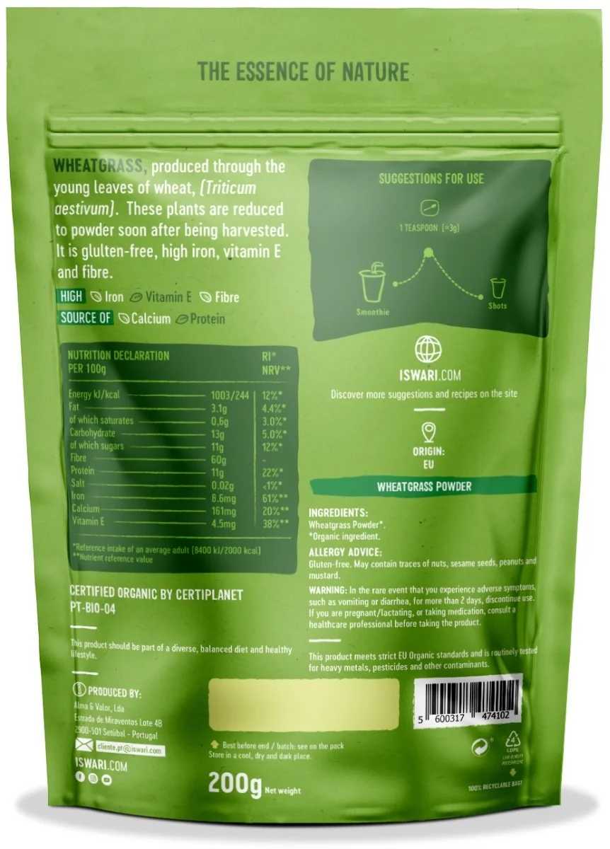 Pulbere functionala bio din iarba de grau verde, 200g, Iswari