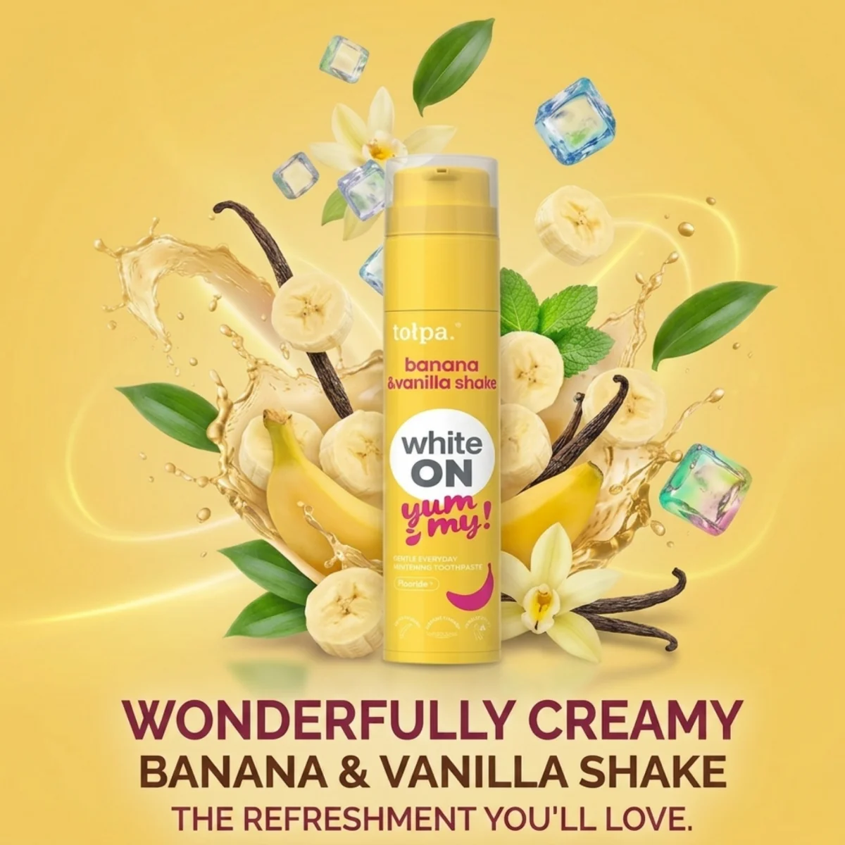 Pasta de dinti cu aroma de banana si shake de vanilie White ON Yummy, 60g, Tolpa
