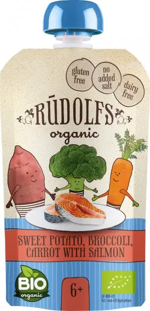 Piure cartofi dulci + brocoli si somon 6+ Bio, 110g, Rudolfs