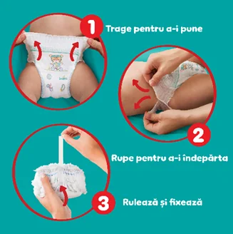 Scutece tip chilotel Pampers, utilizare usoara in trei pasi: trage, rupe si ruleaza pentru indepartare.