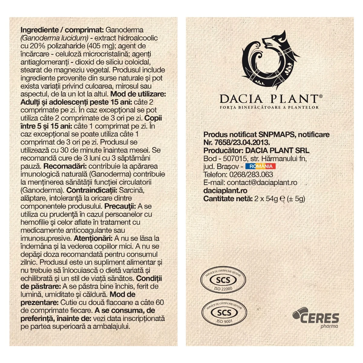 Pachet Ganoderma, 120 comprimate, Dacia Plant