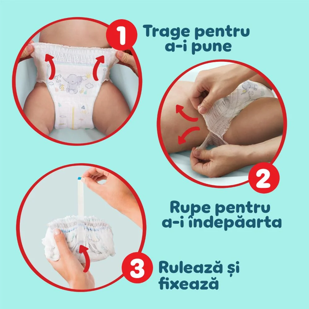 Pampers chiloțel, ilustrație în trei pași despre cum se pune și se scoate: trage, rupe și rulează pentru fixare.