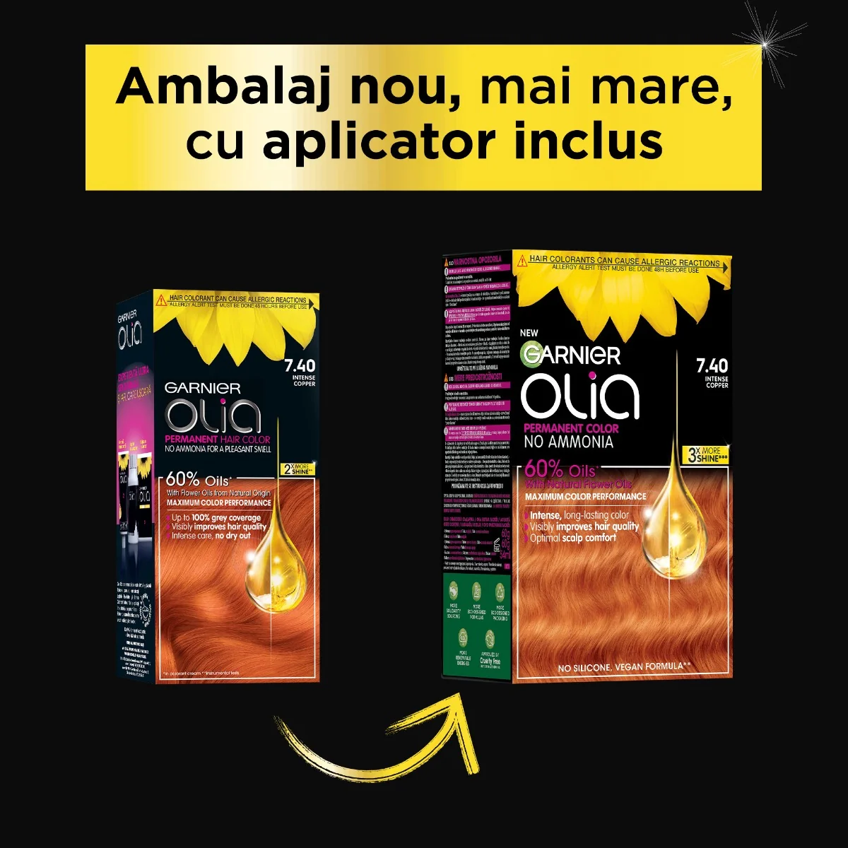 Vopsea de par permanenta fara amoniac 7.40 Intense Copper Olia, 174ml, Garnier