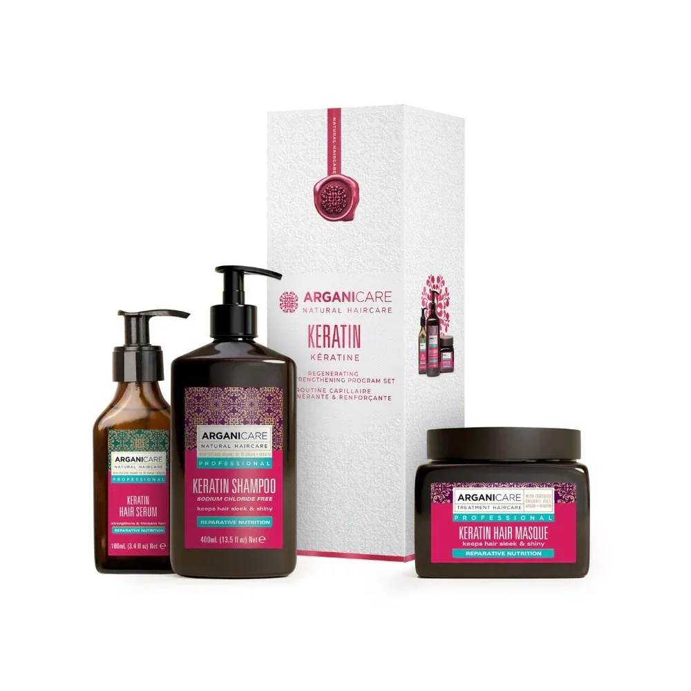 Set trio cu Cheratina pentru regenerarea si fortifierea parului, Arganicare